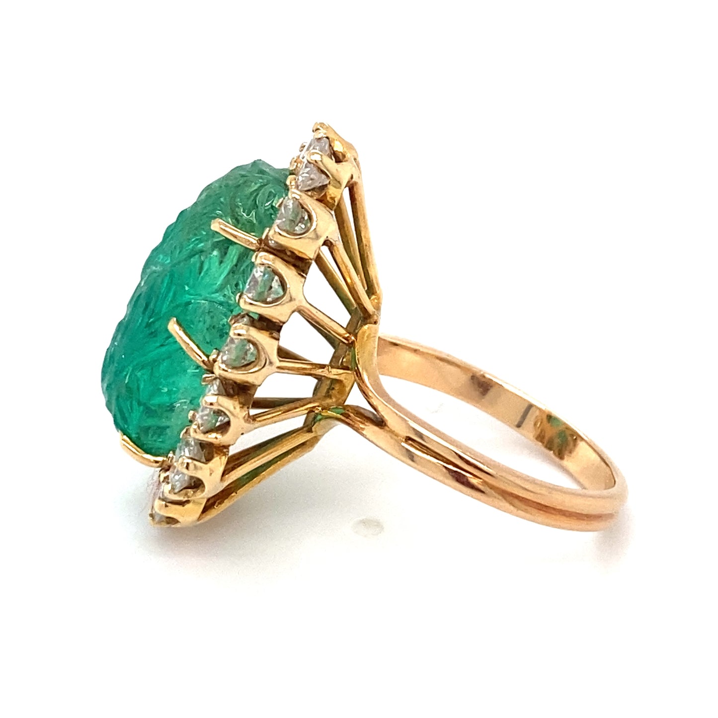 Circa 1960s Carved Emerald and Diamond Ring in 14K Gold