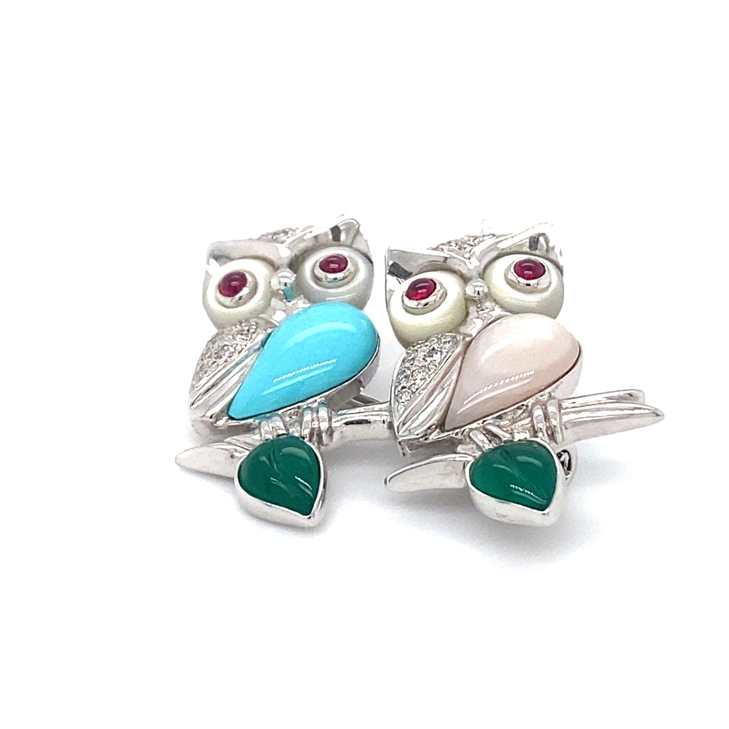 Circa 2000s Multi Gemstone Owl Brooch in 18K White Gold