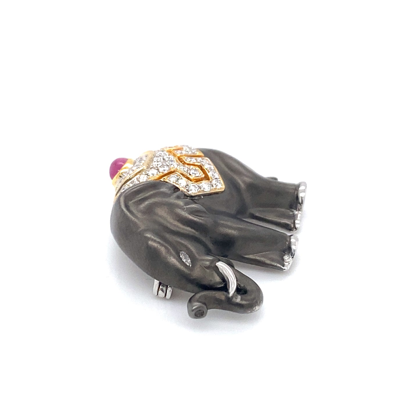Circa 2000s Ruby and Diamond Elephant Brooch in 18K White Gold