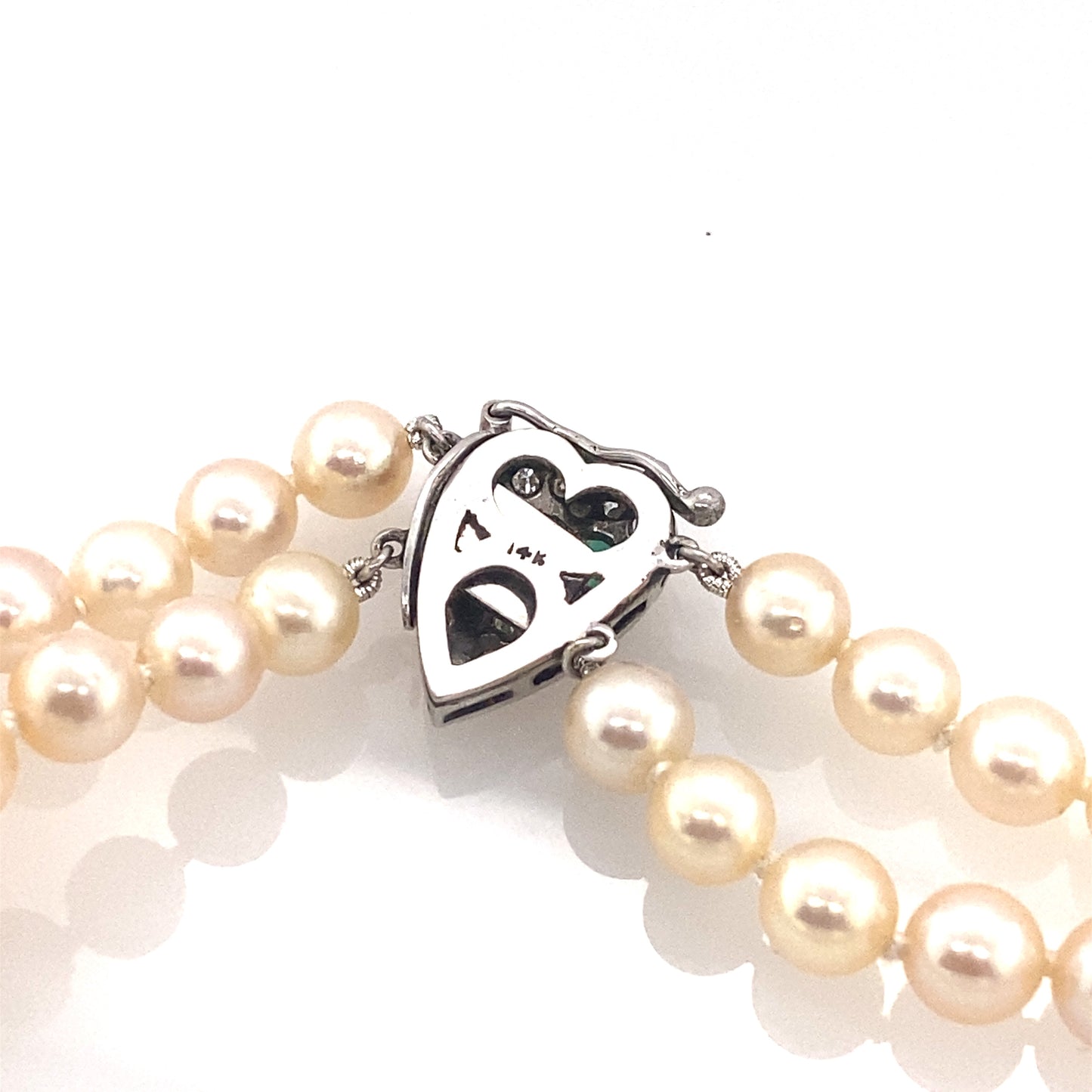 Circa 1940s Double Pearl Strand with Emerald and Diamond Heart Clasp