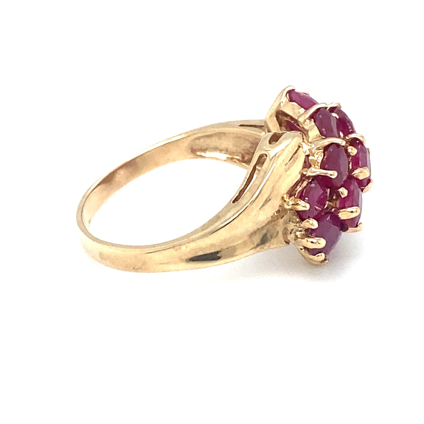 Circa 1960s Three Row Ruby Cocktail Ring in 10K Gold