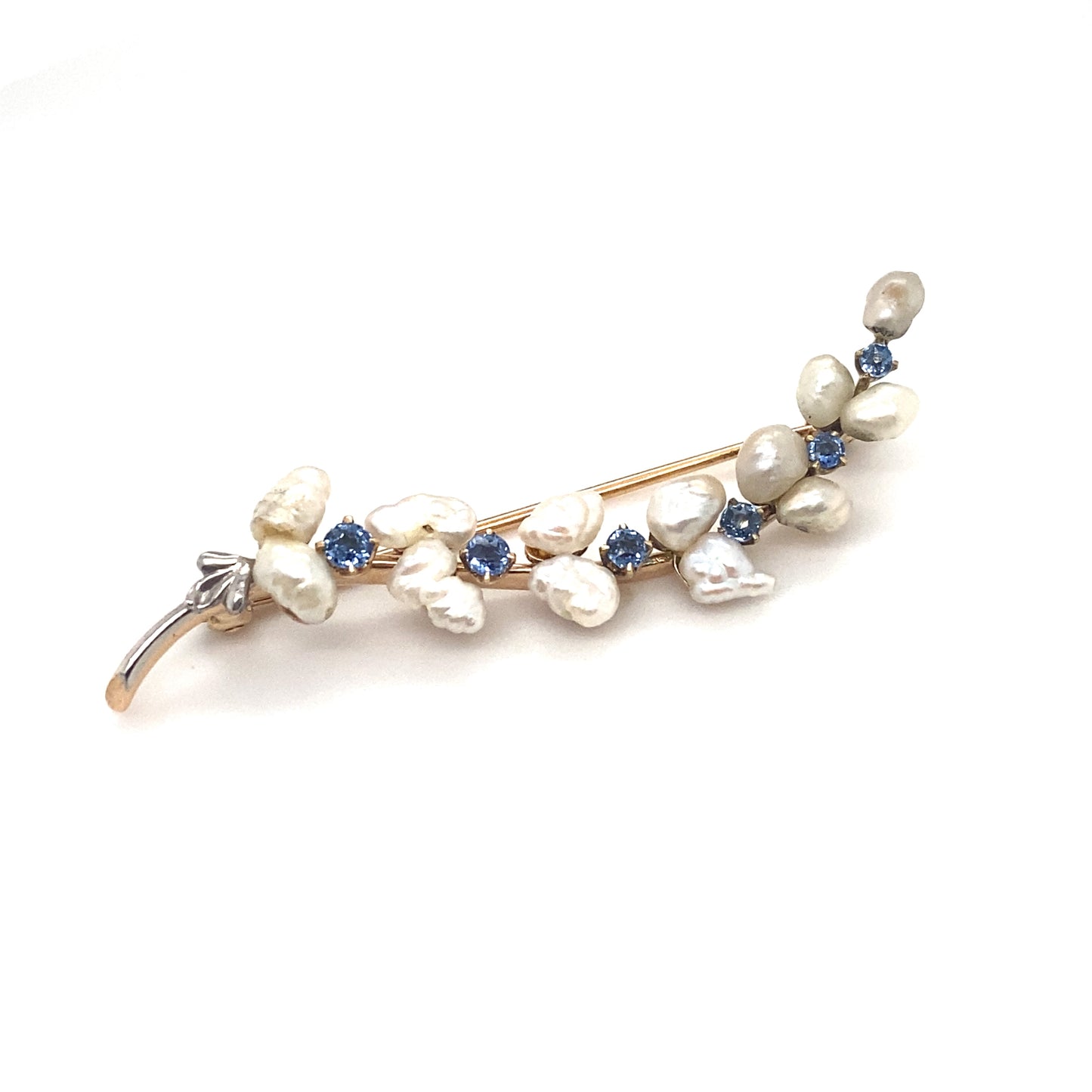 Circa 1890s Victorian Natural Pearl and Sapphire Brooch in 14K Gold