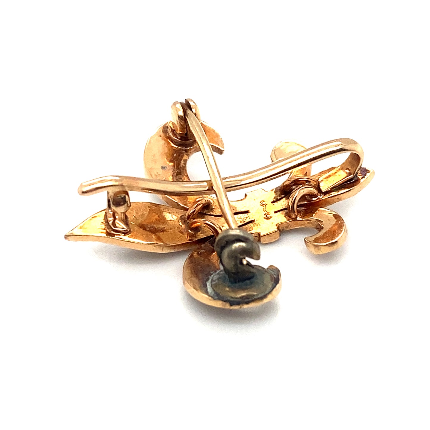 Circa 1890s French Fleur de Lis Seed Pearl Brooch in 14K Gold