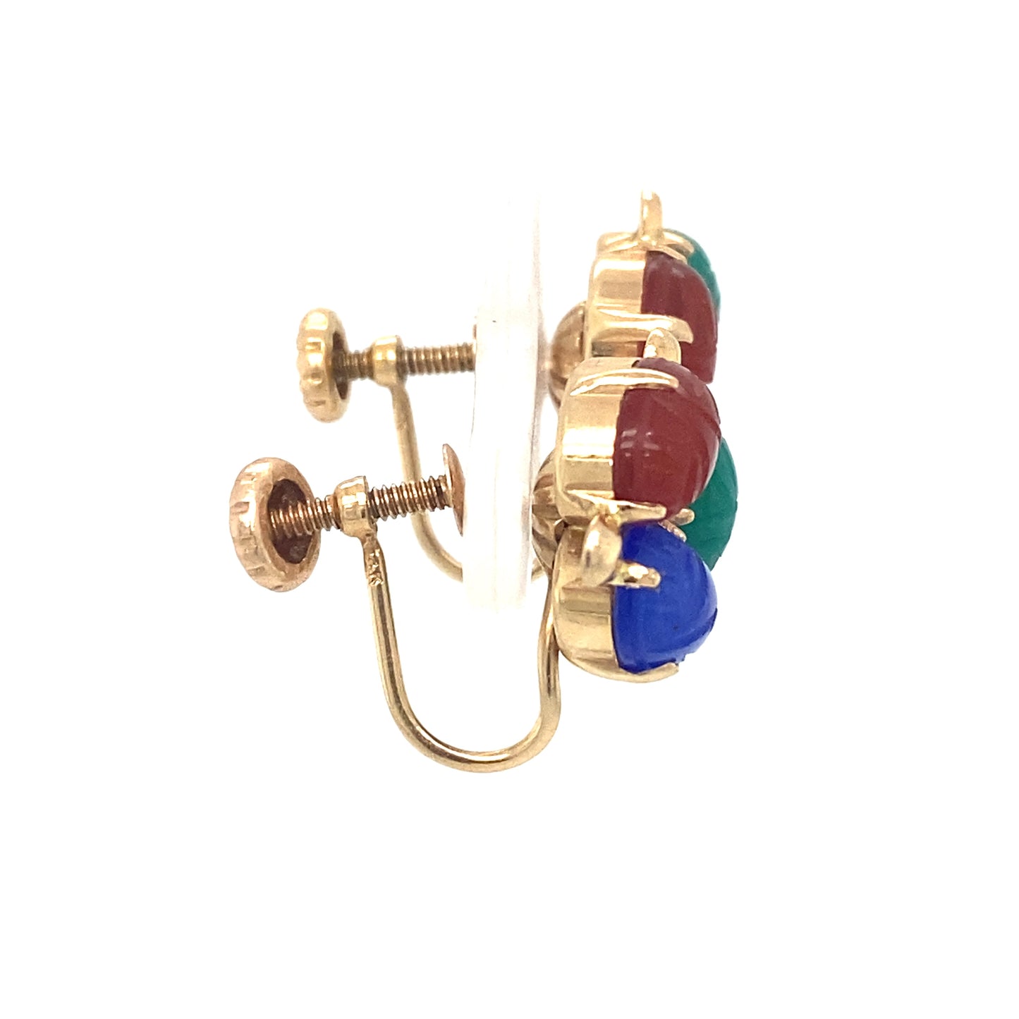 Circa 1950s Multi Gemstone Carved Scarab Screw Back Earrings in 14K Gold