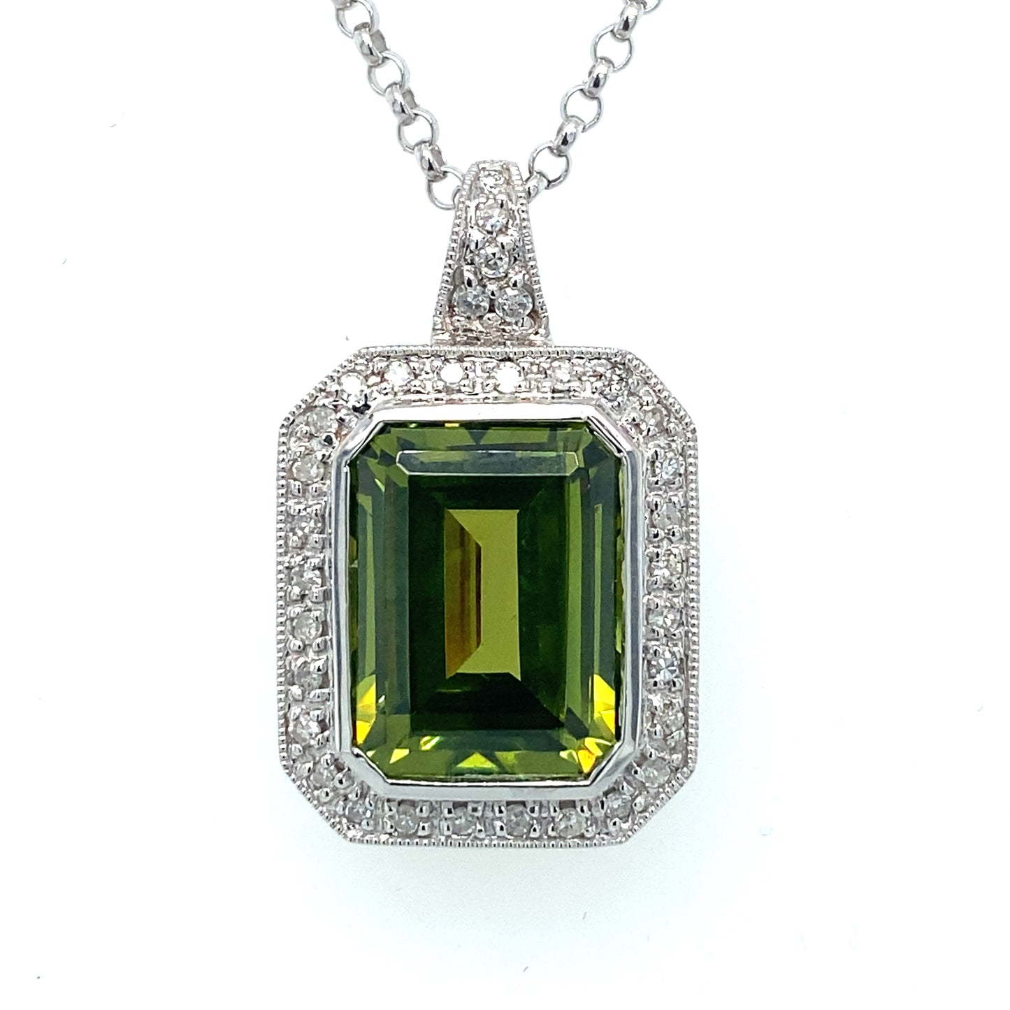 Circa 2000s Peridot Halo Pendant with Diamonds in 14K White Gold