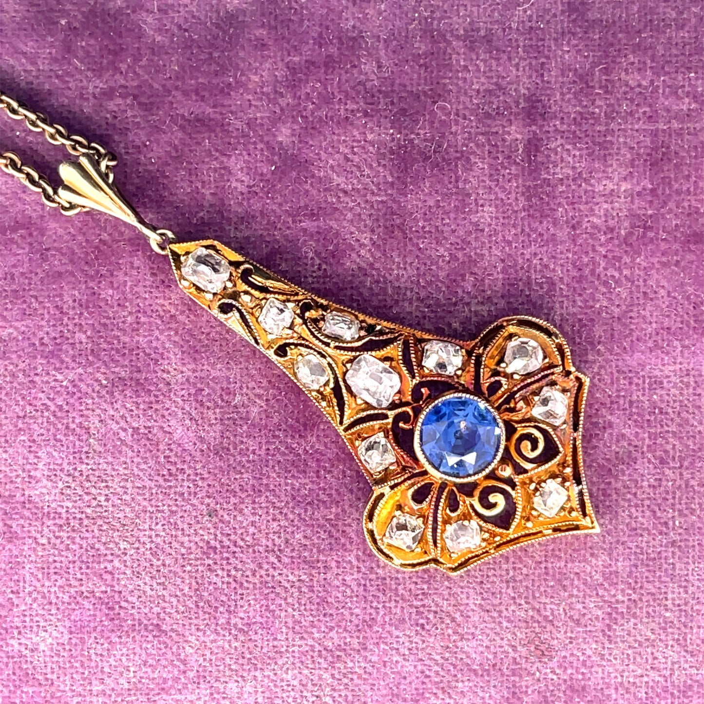 Yellow Gold Edwardian Sapphire & Old Miner Cut Diamond Pendant & Chain