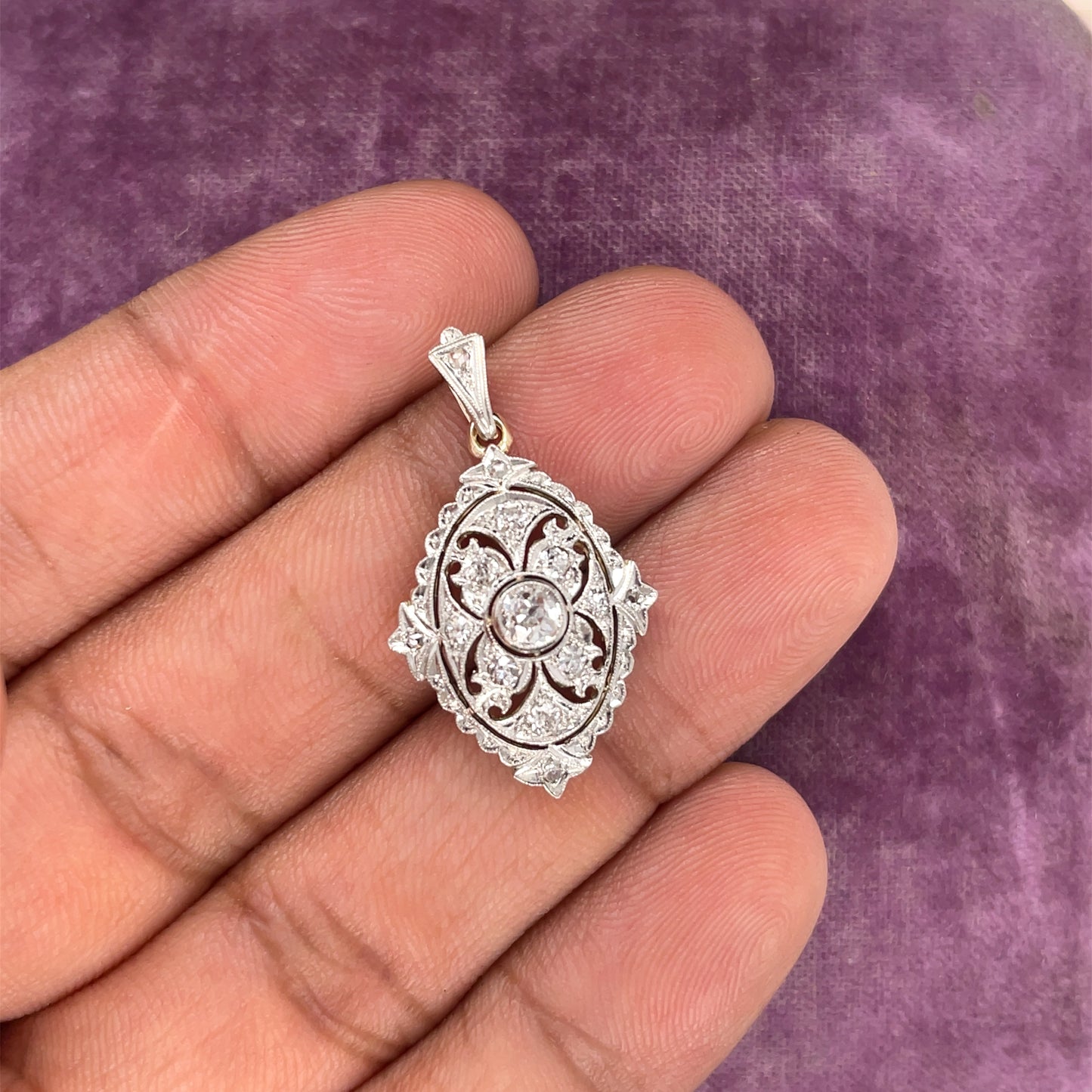 1940s 14K Gold Old European Cut Diamond Filigree Pendant