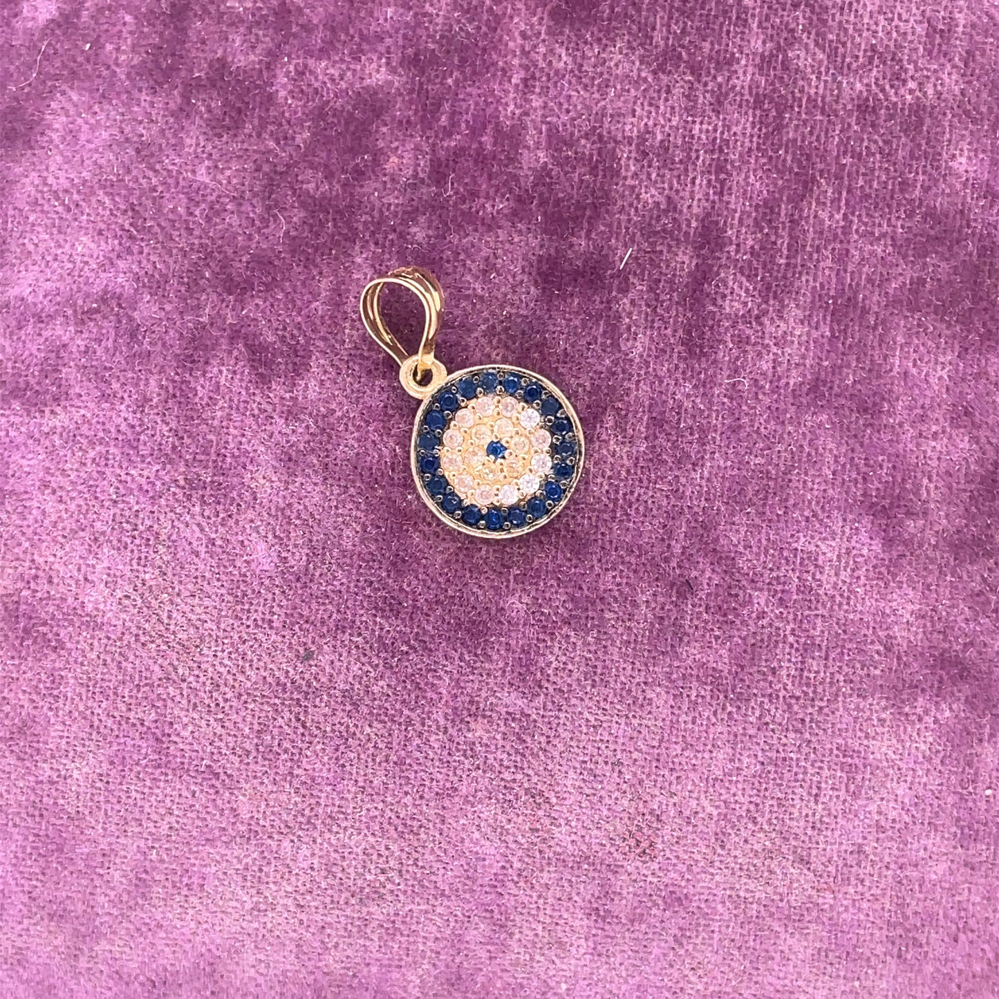 Vintage 14K Yellow Gold Double Sided Evil Eye Pendant w/ Sapphires, Turquoise and Diamond