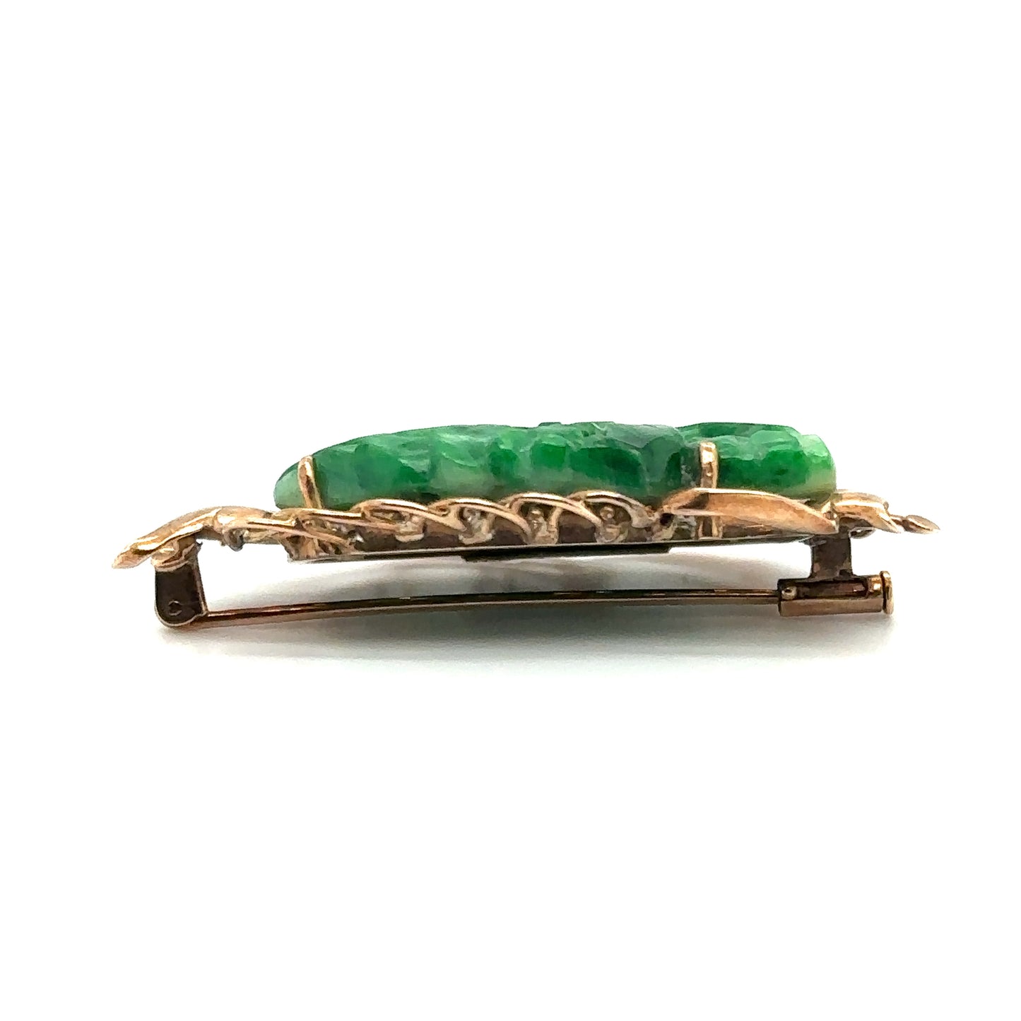 Victorian Carved Green Jade Brooch with Leaf Design in 14K Gold