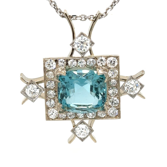 Circa 1940s Santa Maria Blue Aquamarine and Diamond Pendant in 14K White Gold