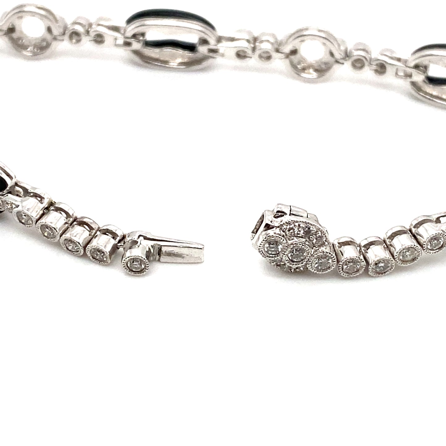 Circa 1960s Onyx and Diamond Link Bracelet in 18K White Gold