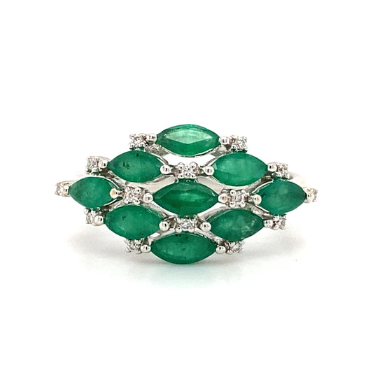 Circa 2000s Damas Jewelry Marquise Emerald and Diamond Ring in 18K White Gold