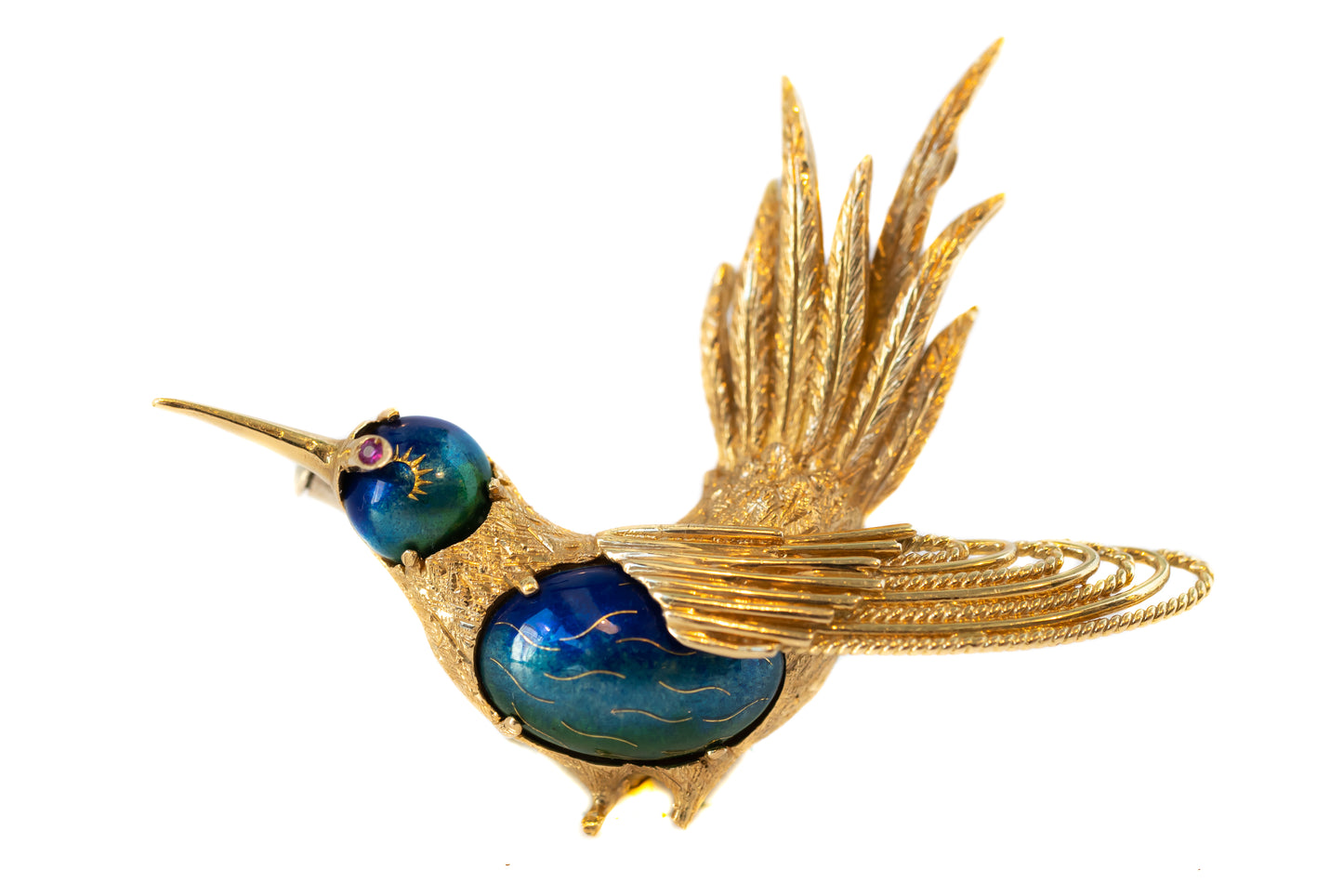 18k Yellow Gold Enamel Hummingbird Pin