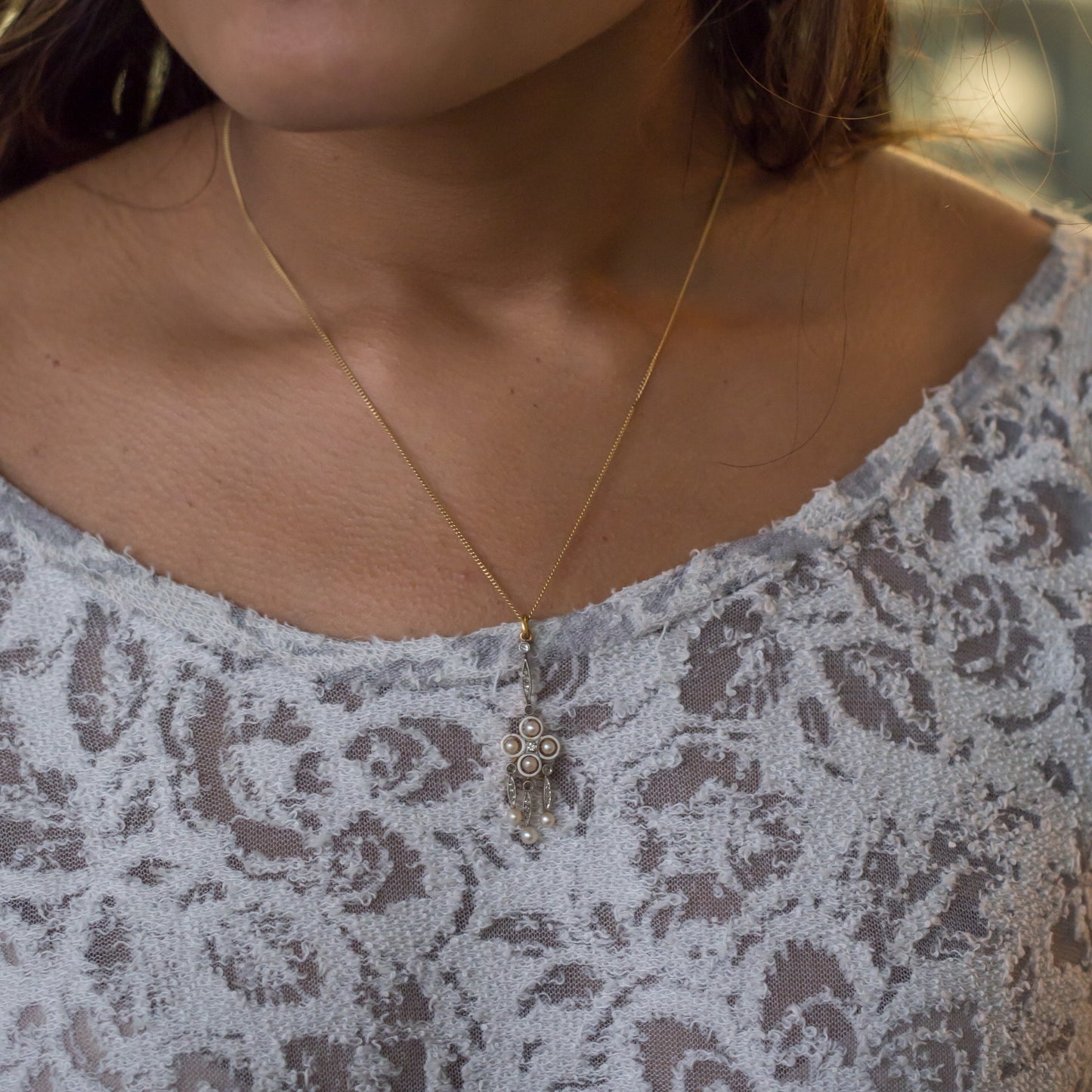 Pearl 18k Yellow Gold And Platinum Necklace