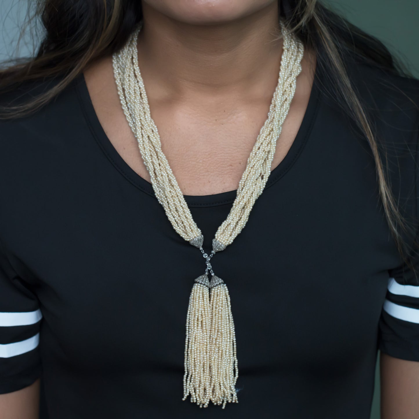 Art Deco Platinum, Pearl Sautoir with Diamonds, Tassel Necklace