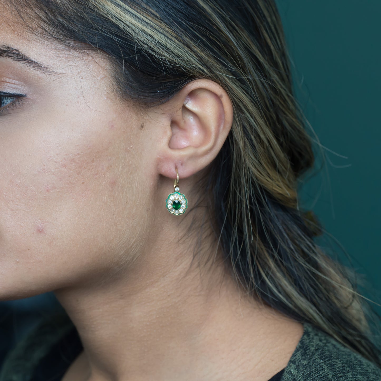 14k Yellow Gold Deep Green Earrings