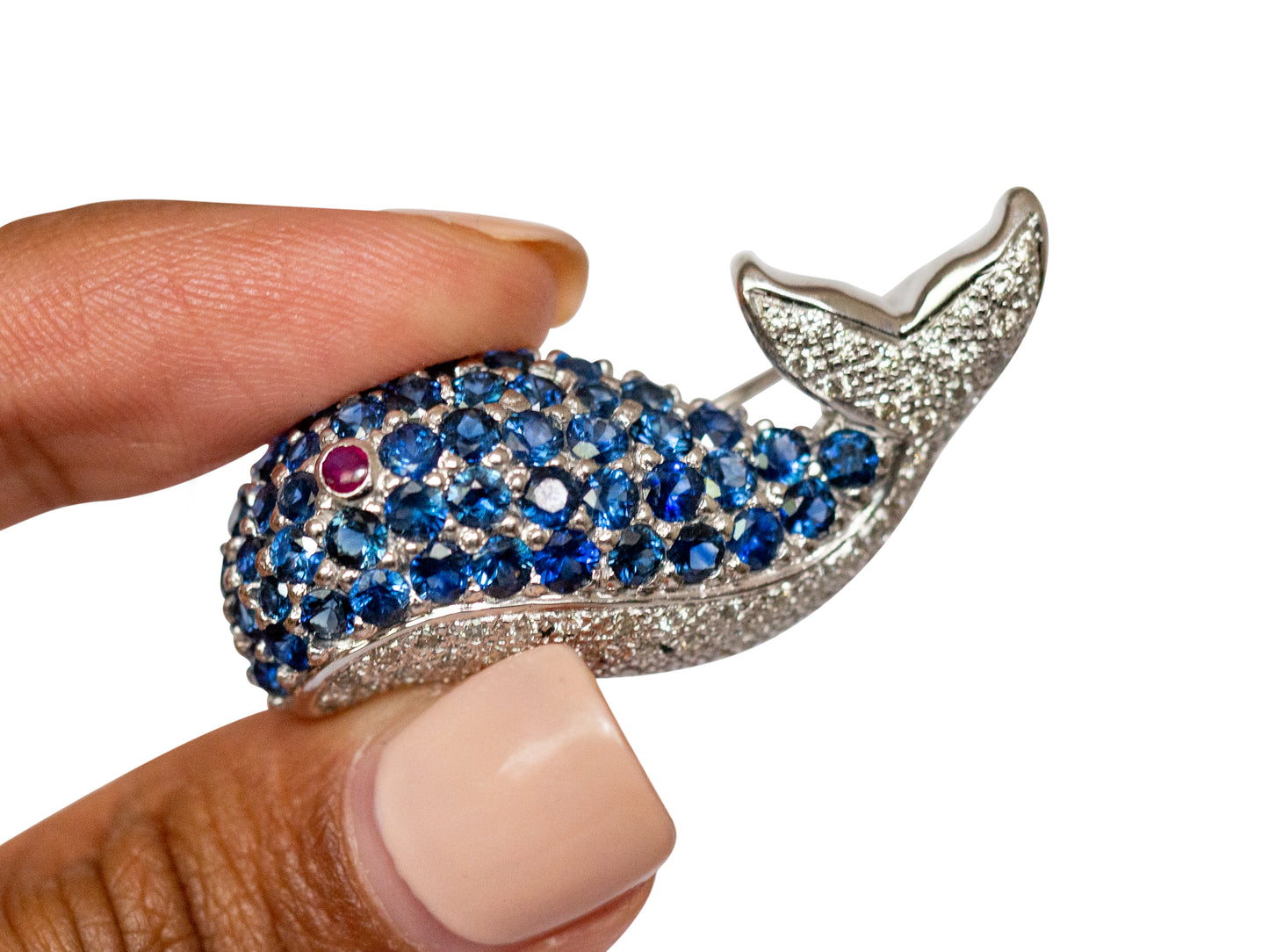 LeVian 18K White Gold Sapphire and Diamond Whale Pin
