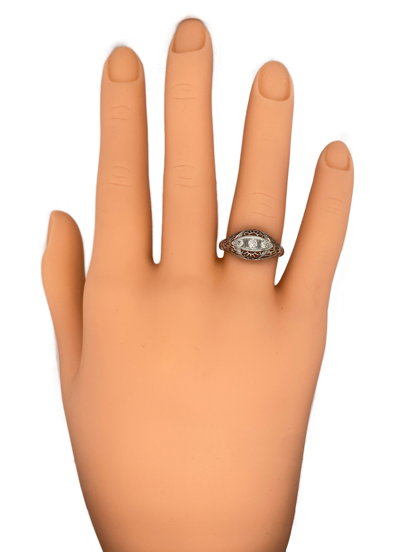 Circa 1920s Art Deco Three Stone Diamond Filigree Ring in 18 Karat White Gold