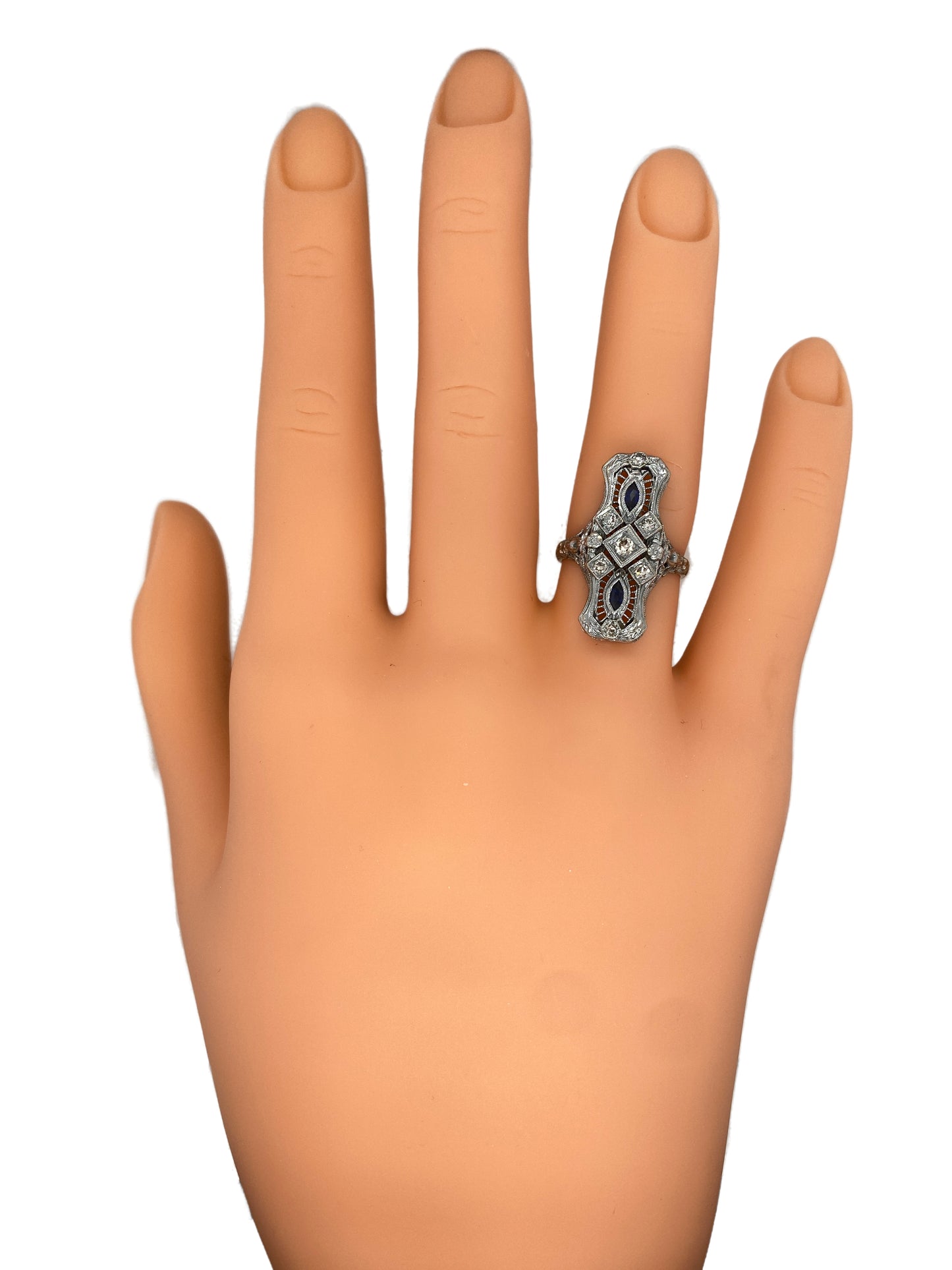 Circa 1920s Art Deco Elongated Filigree Sapphire Ring in Platinum and 18K Gold