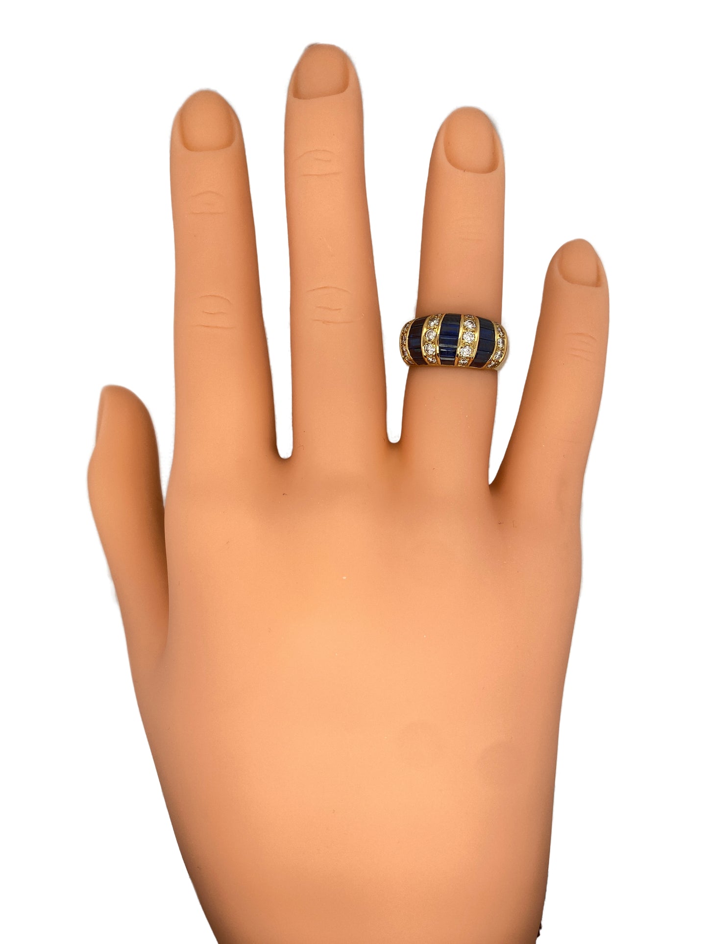 Circa 1980s 0.90ct Diamond and 1.10ctw Sapphire Dome Ring in 18K Gold