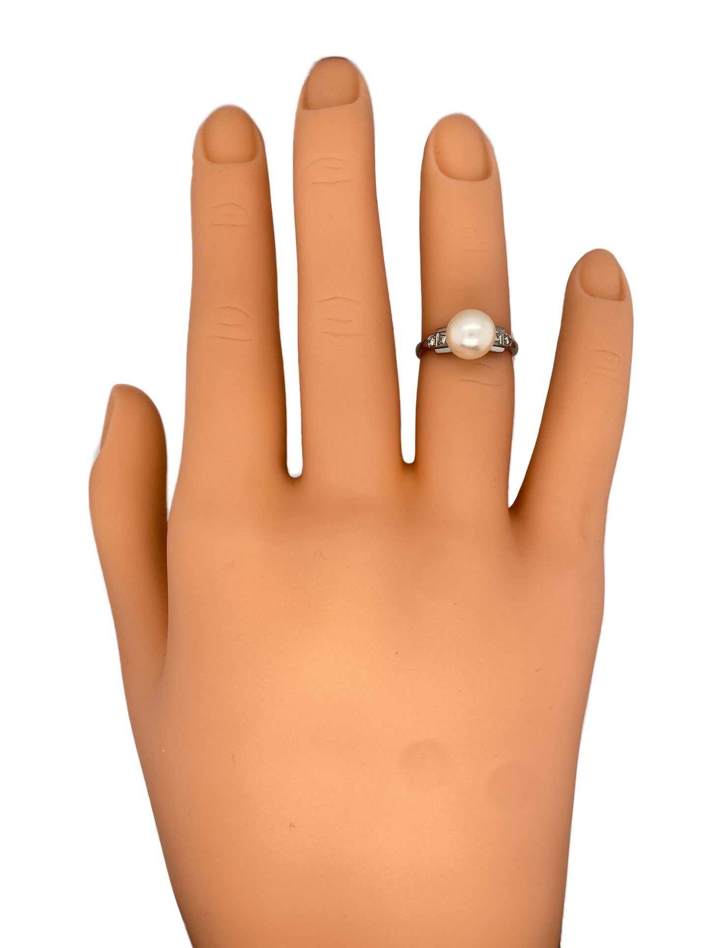 Circa 1940s Mikimoto 8.5mm Pearl and Diamond Ring in 14K White Gold