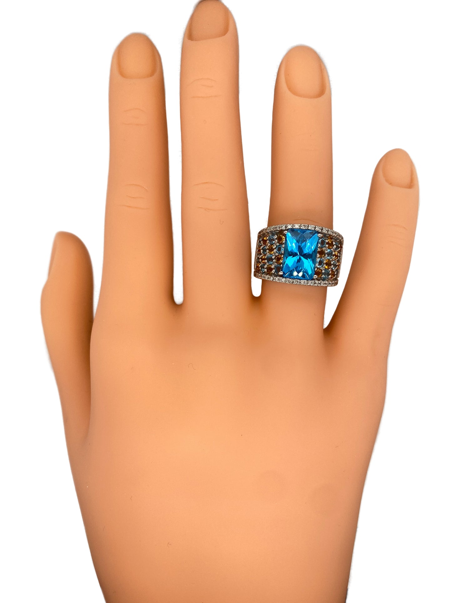 Circa 1980s Blue Topaz, Citrine, and Diamond Cigar Band in 14K White Gold
