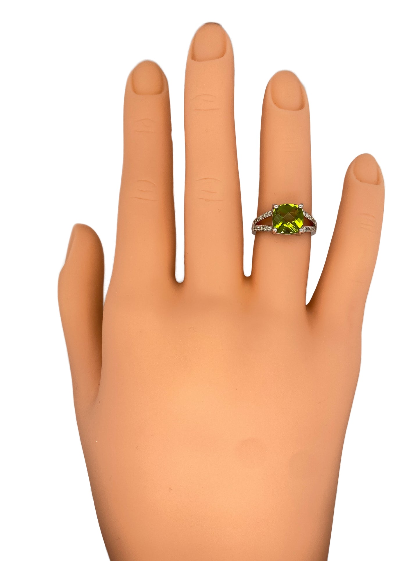 Circa 1990s 2.0 Carat Peridot and Diamond Split Shank Ring in 14K White Gold