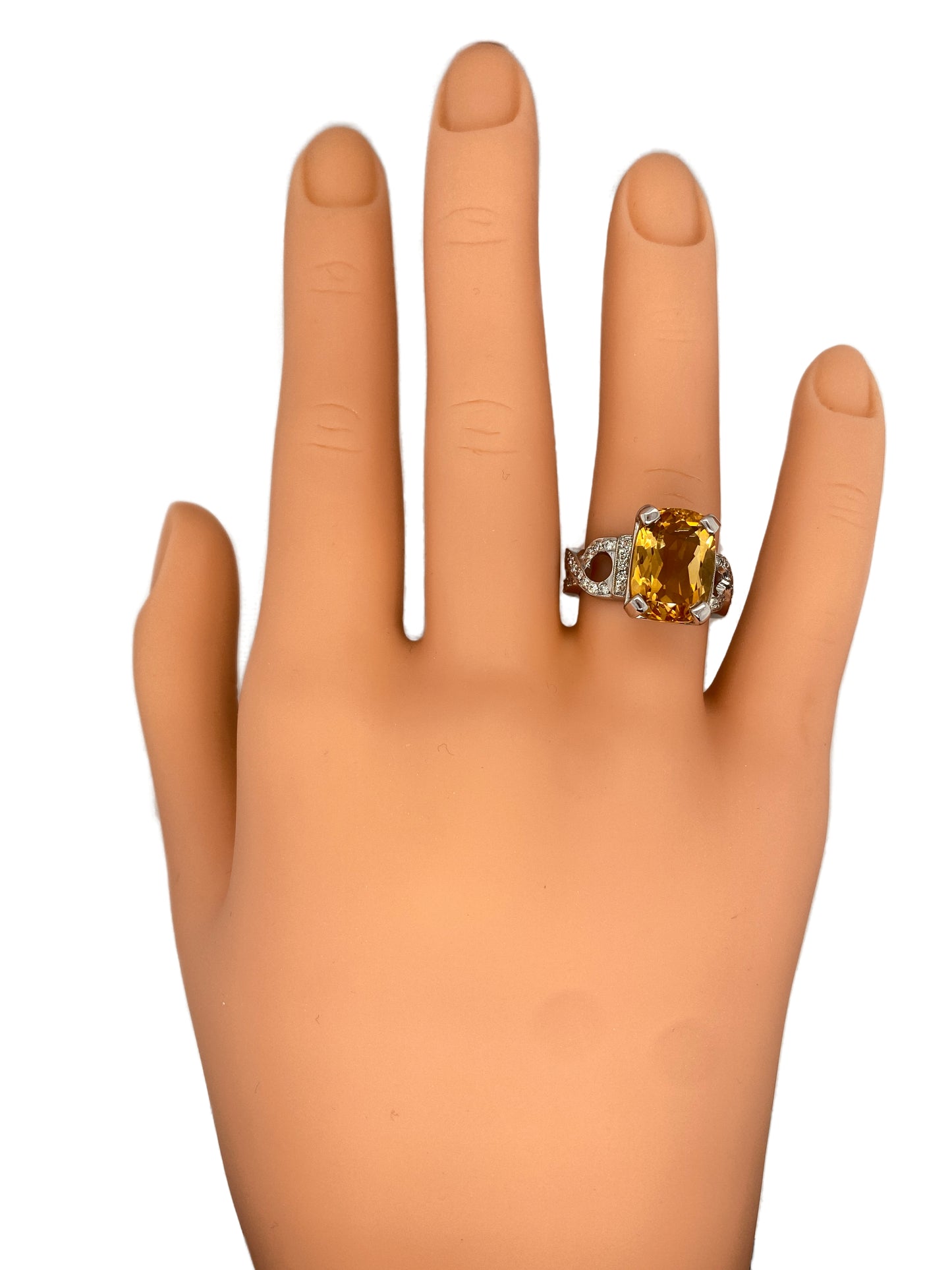 Circa 1980s 6.0 Carat Citrine and Diamond Ring in Platinum and 18K White Gold