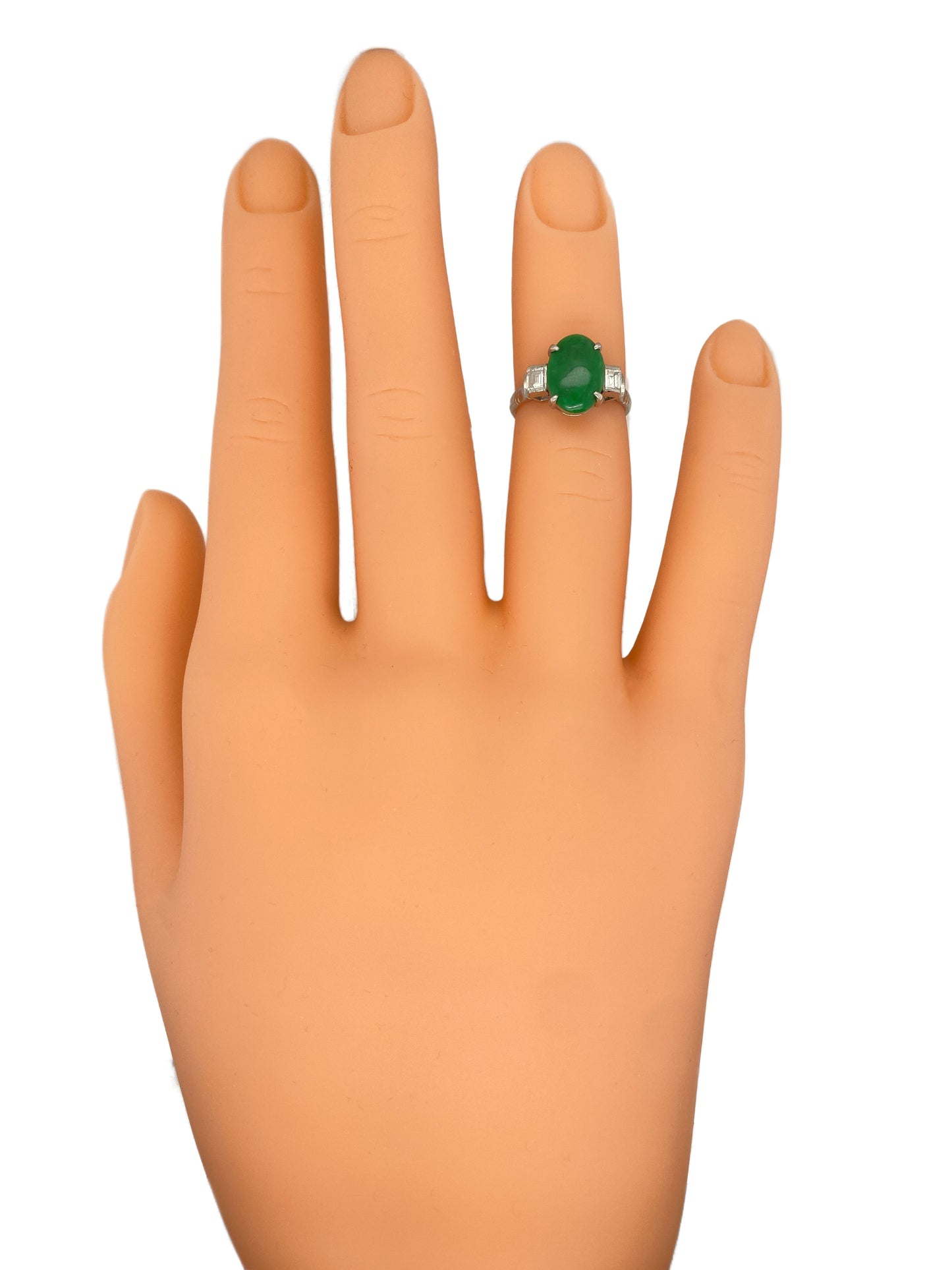 Circa 1930s Oval Green Jade and Diamond Three Stone Ring in Platinum