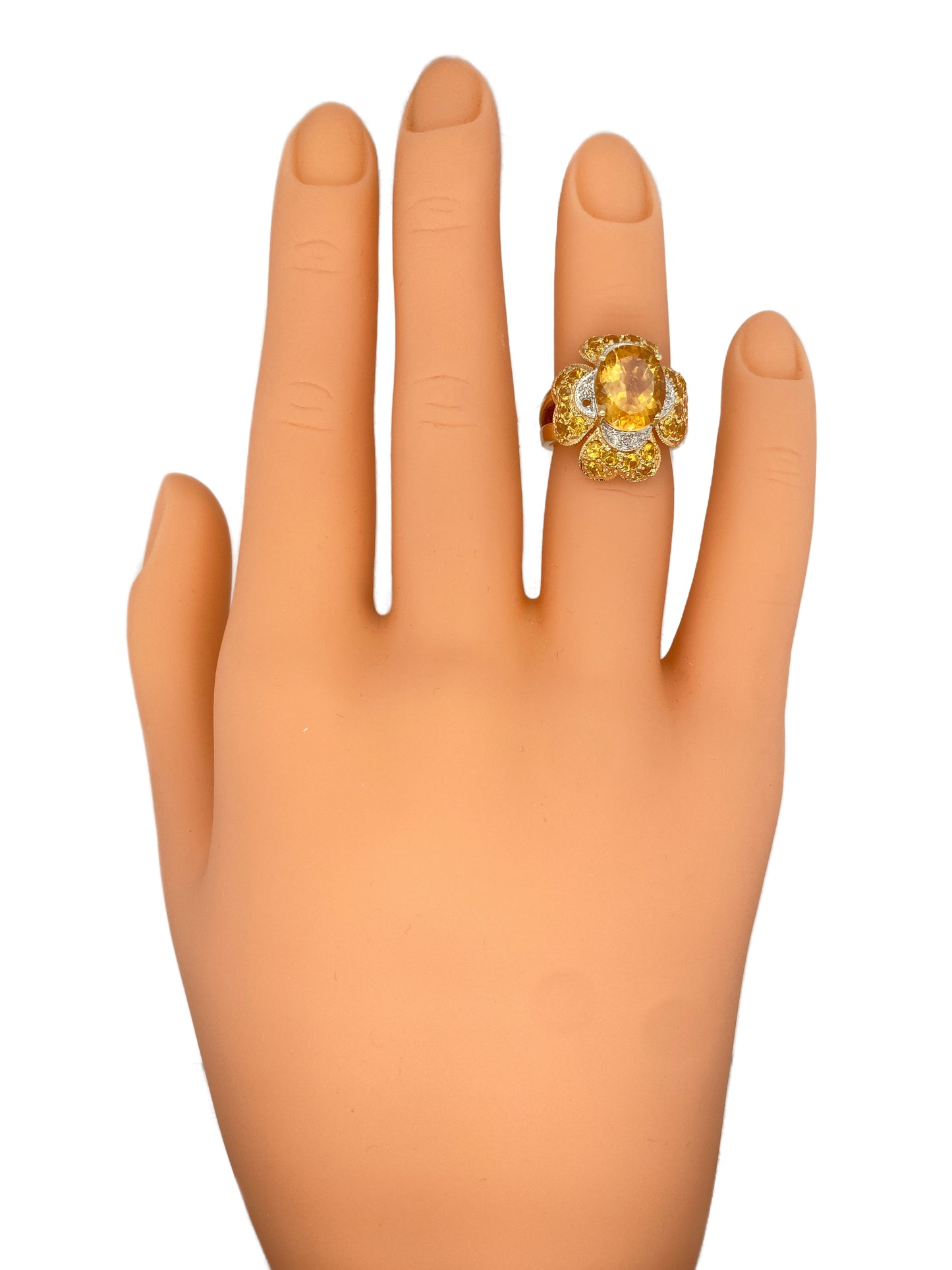 Circa 1990s Oval Citrine and Diamond Flower Cocktail Ring in 14K Gold