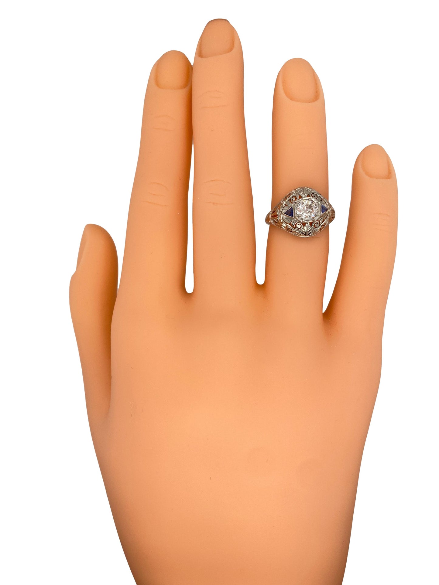 Circa 1920s Art Deco 0.65ct Diamond and Sapphire Ring in Platinum