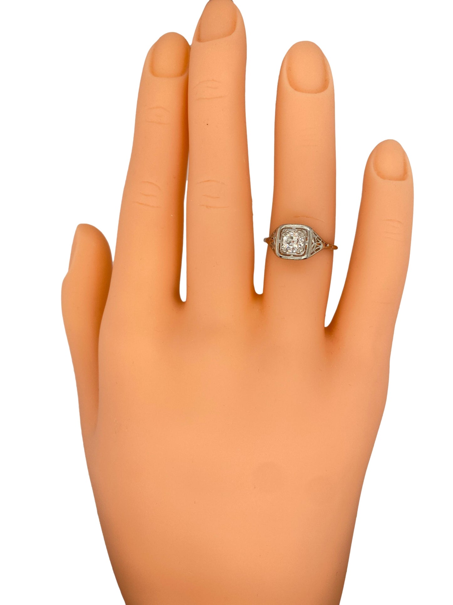 Circa 1920s Art Deco 0.35ct Diamond Filigree Ring in 18k White Gold