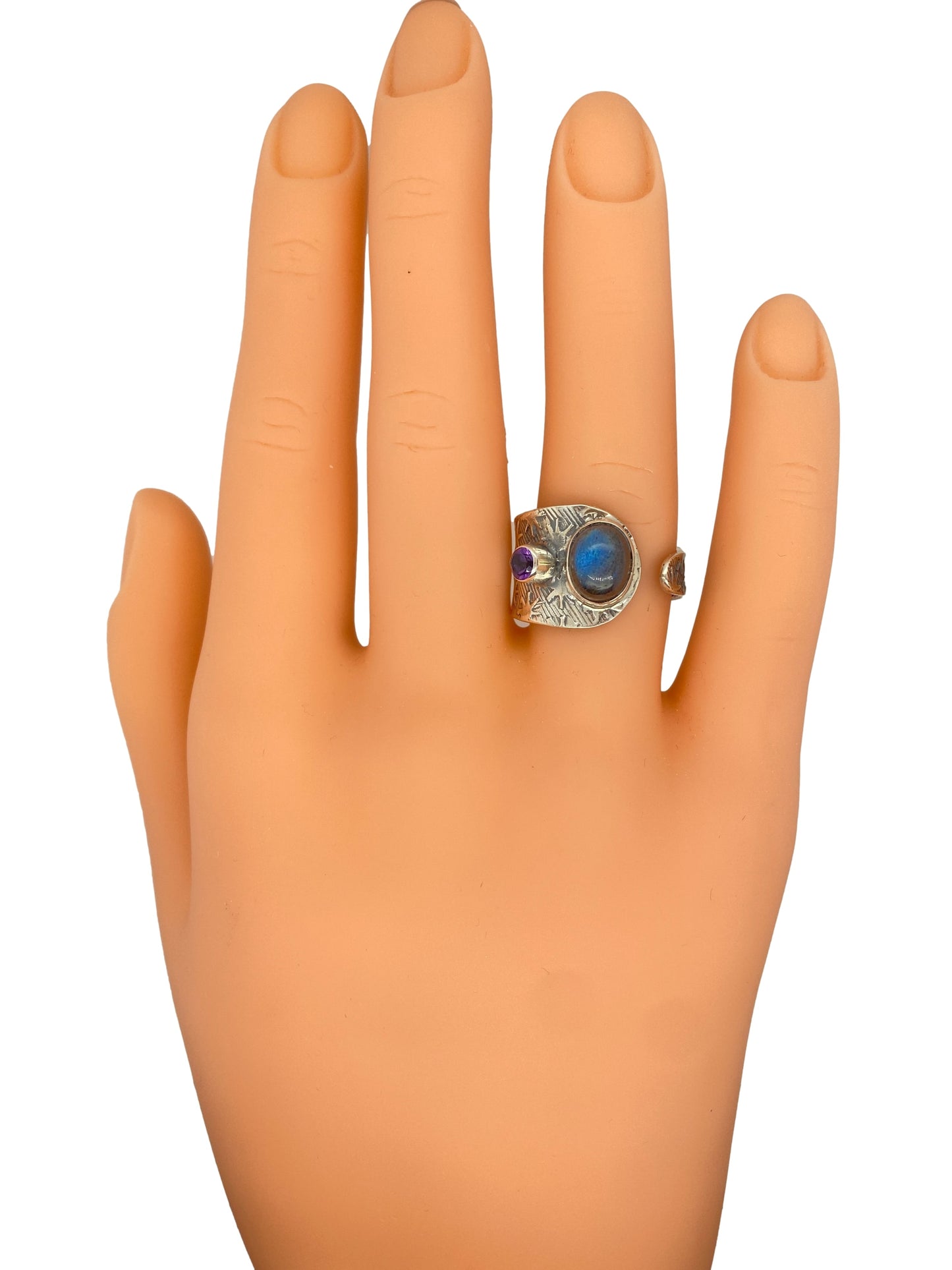 Circa 1990s Labradorite and Amethyst Adjustable Ring in Sterling Silver