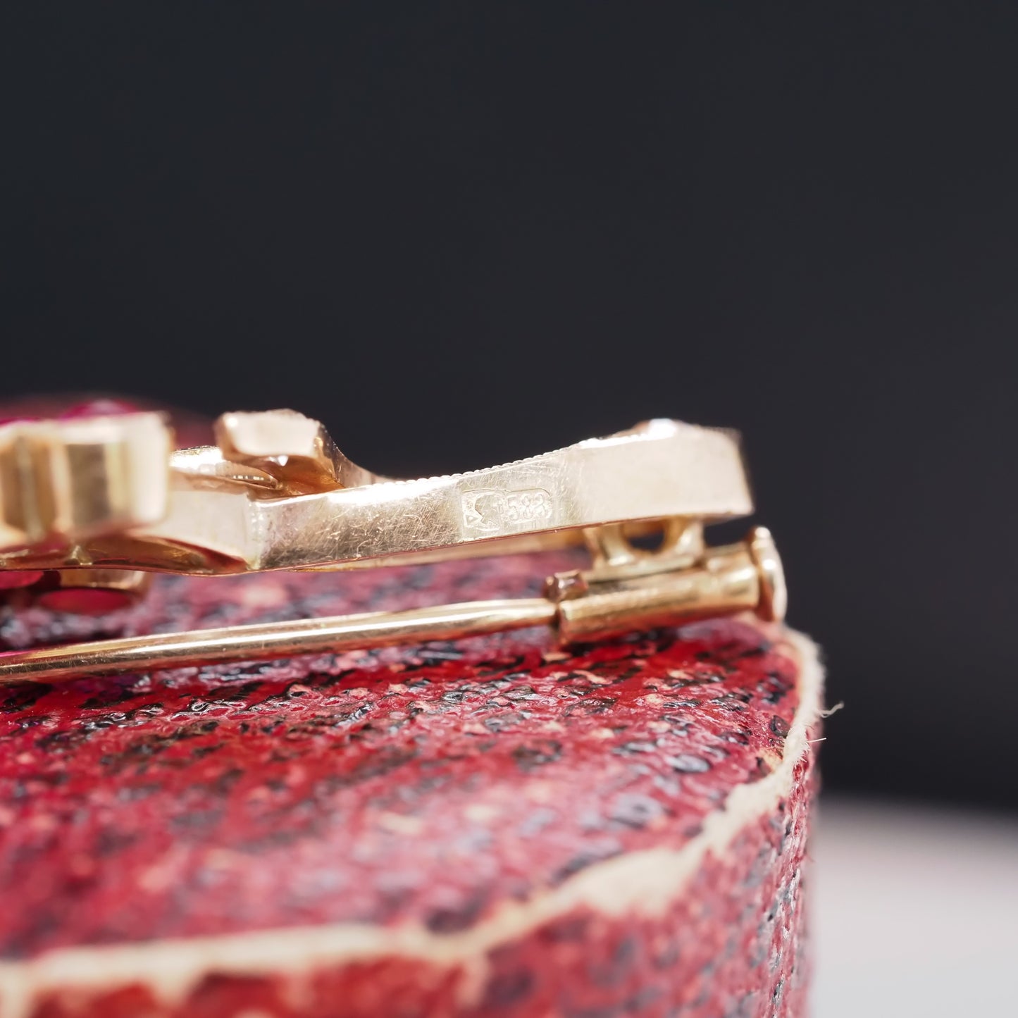 Edwardian 14K Rose Gold ruby and Diamond Brooch