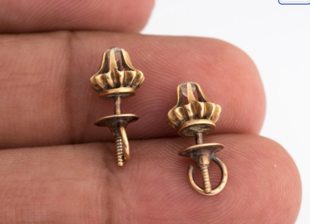 Circa 1903 Edwardian 9k Rose Gold & Diamond Tulip Cup Post Earrings, VJ #34
