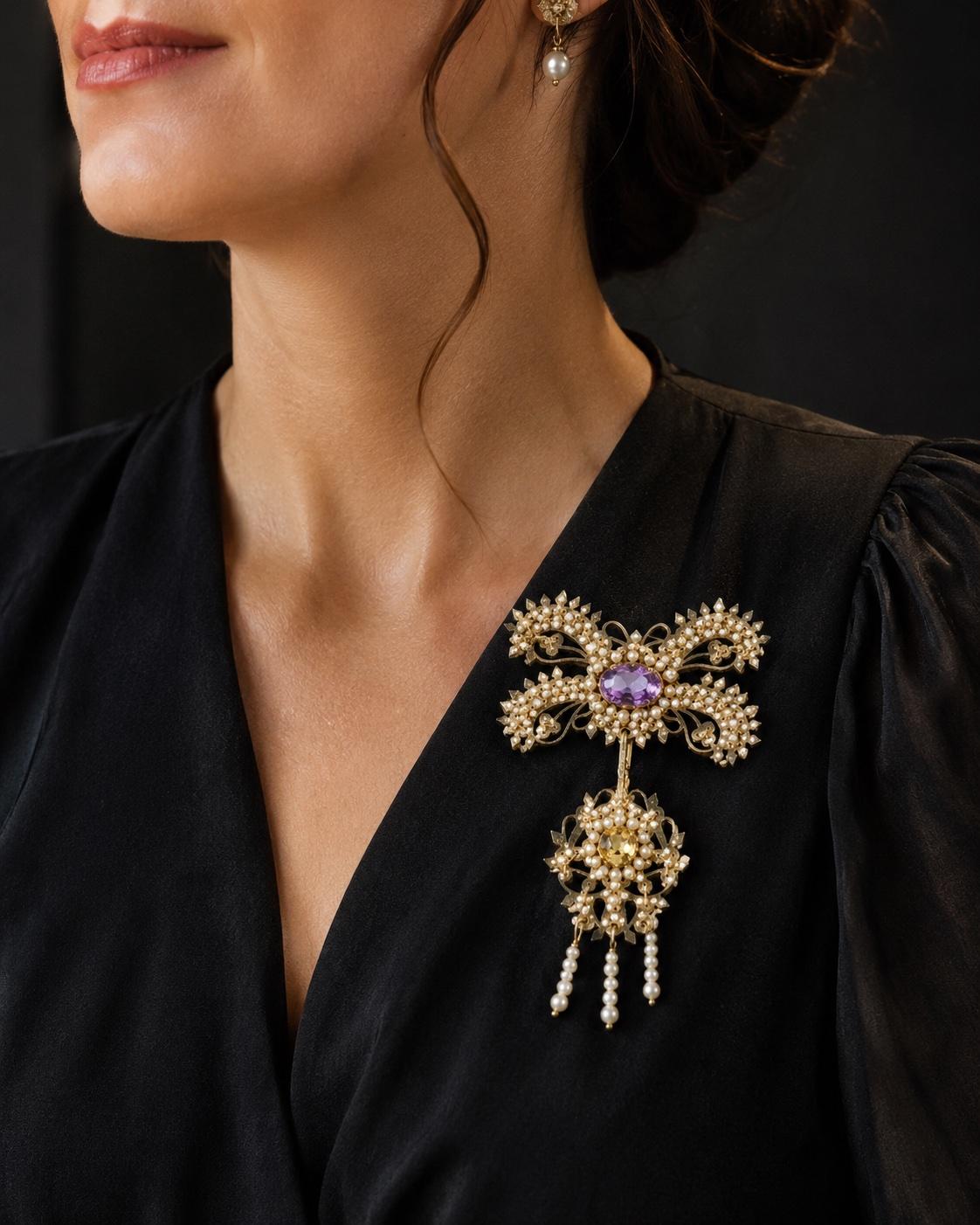 Georgian Canetille 15K Yellow Gold Amethyst, Citrine & Seed Pearl Pendant Brooch