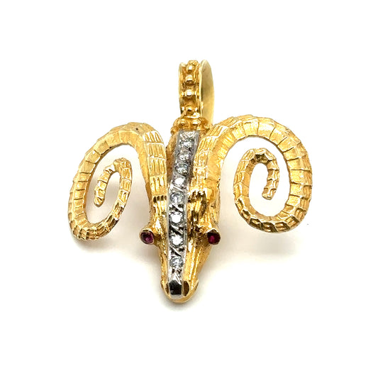 Circa 2000s Diamond and Ruby Aries Ram Pendant in 18K Gold