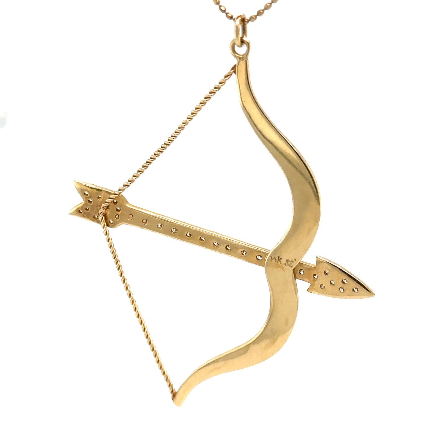 Circa 2000s Diamond Bow and Arrow Pendant and Chain in 14K Gold