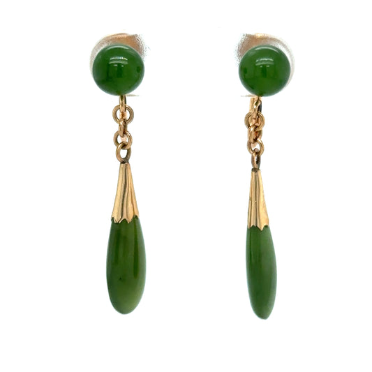 Circa 1960s Green Jade Dangle Screw Back Earrings in 14K Gold