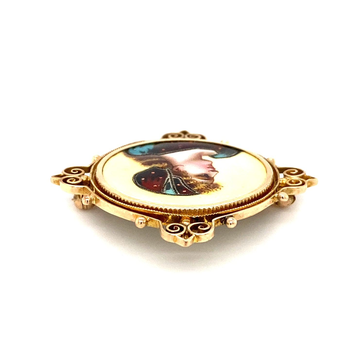 Circa 1930s Hand-Painted Porcelain Portrait Brooch in 10K Gold