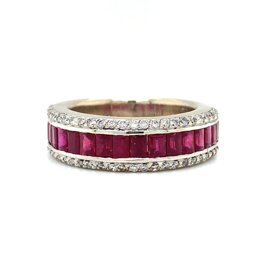 Circa 2000s Ruby and Diamond Band Ring in 18K White Gold