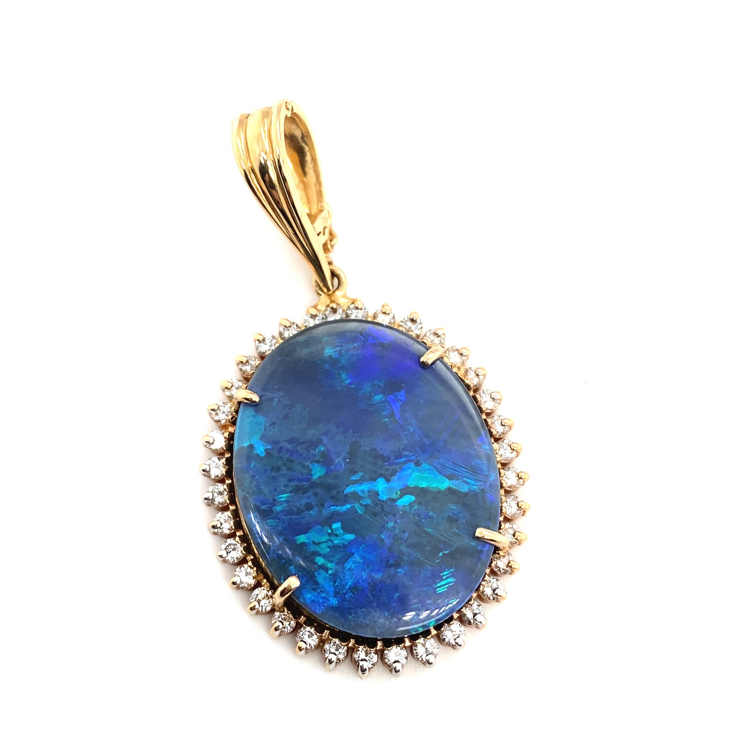 Circa 2000s Oval Opal Doublet Pendant with Diamonds in 14K Gold
