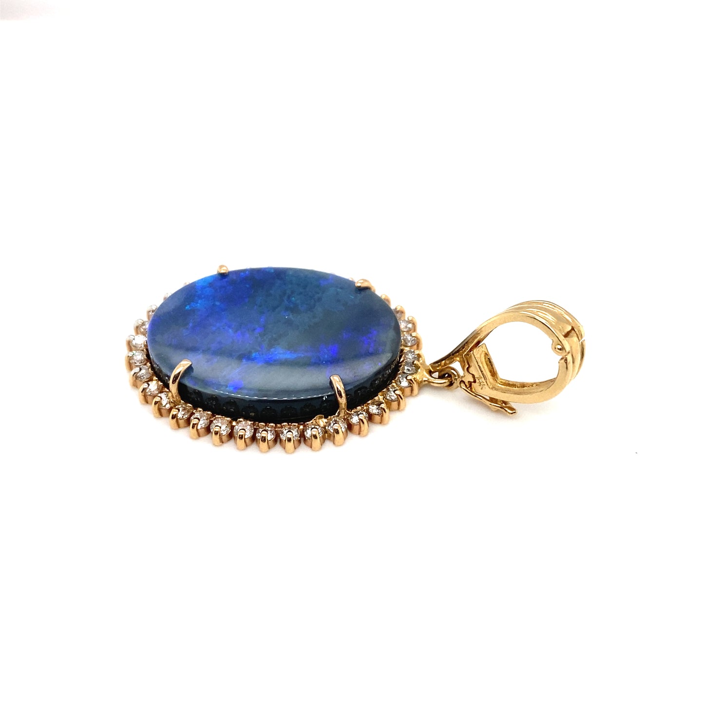 Circa 2000s Oval Opal Doublet Pendant with Diamonds in 14K Gold