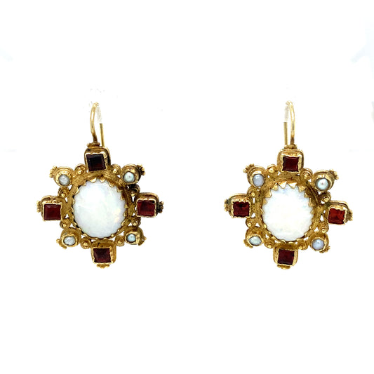 Circa 1960s Garnet, Opal and Pearl Dangle Earrings in 14K Gold