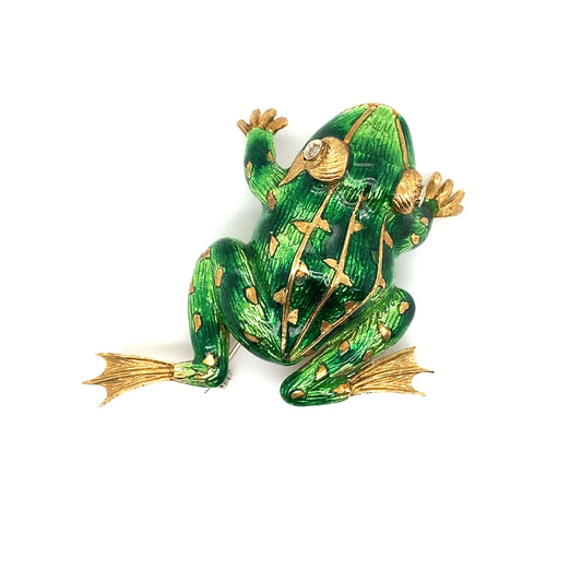 Circa 1960s Italian Enamel and Diamond Frog Brooch in 18K Gold