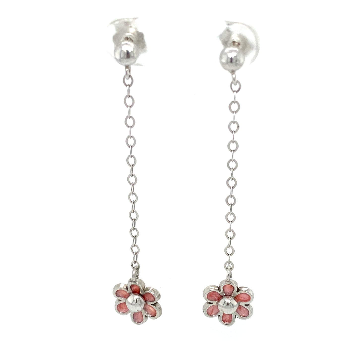 Circa 1990s Pink Enamel Flower Drop Earrings in 14K White Gold