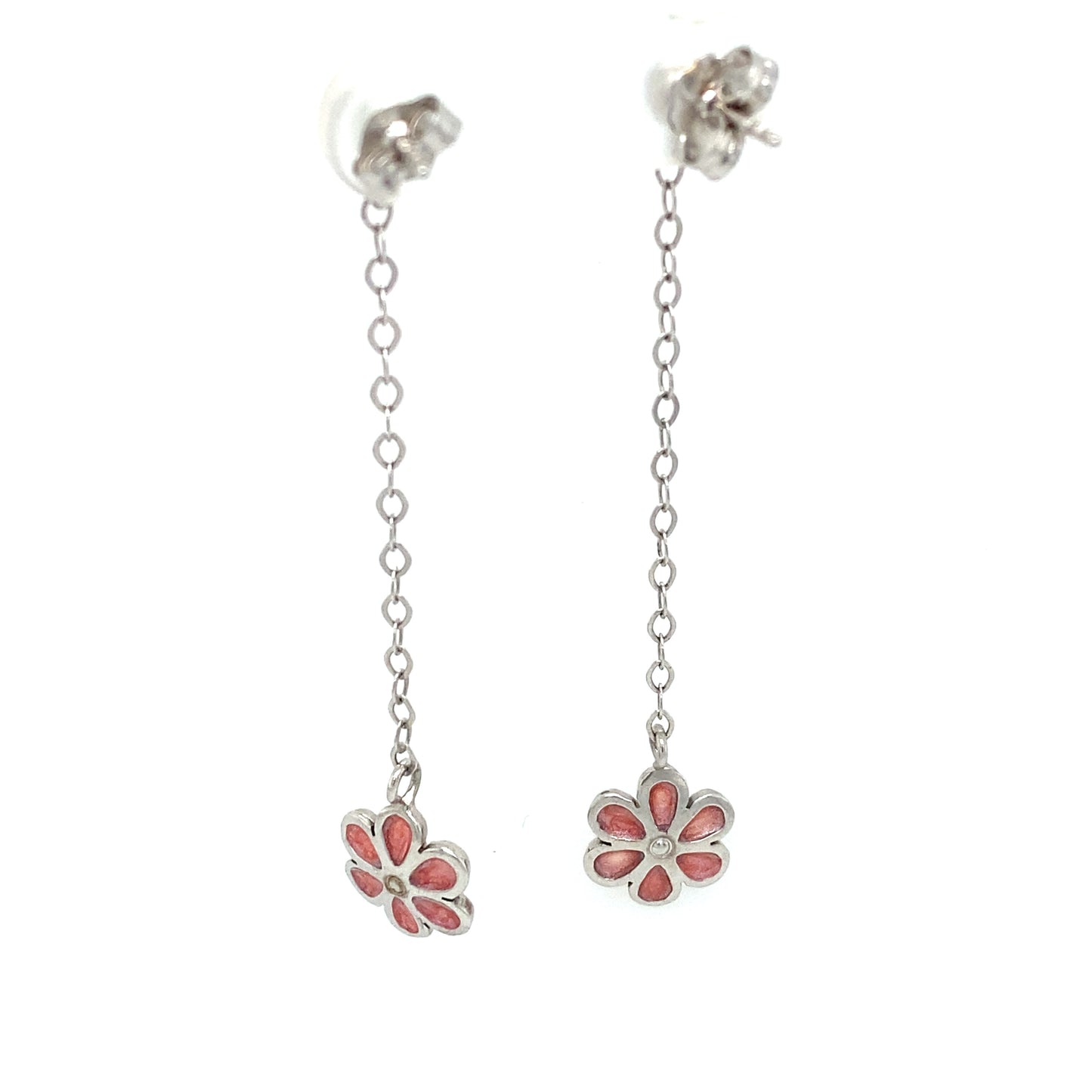 Circa 1990s Pink Enamel Flower Drop Earrings in 14K White Gold