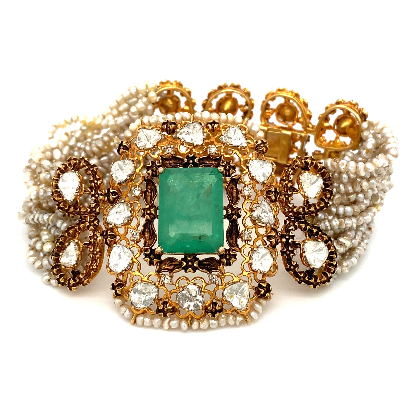 Circa 1950s Victorian Revival Seed Pearl and Emerald Bracelet in 14K Gold