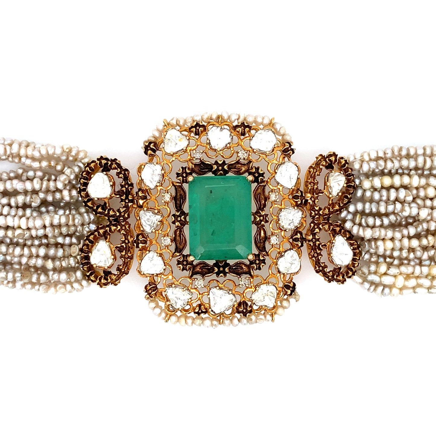 Circa 1950s Victorian Revival Seed Pearl and Emerald Bracelet in 14K Gold