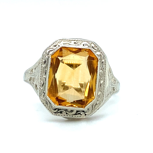 Circa 1930s Rectangular Citrine Art Deco Ring in 14K White Gold